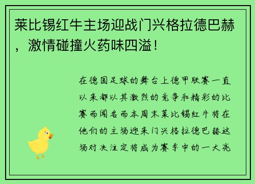 莱比锡红牛主场迎战门兴格拉德巴赫，激情碰撞火药味四溢！